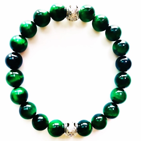 Men’s Green Tiger’s Eye + Rhodium Bracelet - Picture 2 of 2